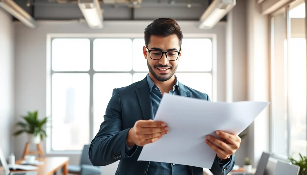 Launching Successful Startup with a focused entrepreneur reviewing their business plan in a modern office.