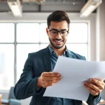 Launching Successful Startup with a focused entrepreneur reviewing their business plan in a modern office.
