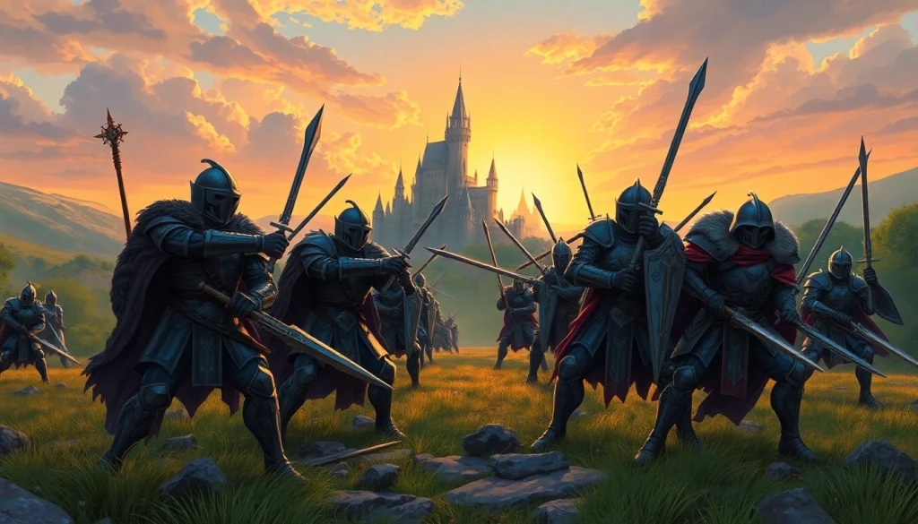 Warlords in a strategic battle, showcasing diverse warriors ready for combat in a mystical landscape.
