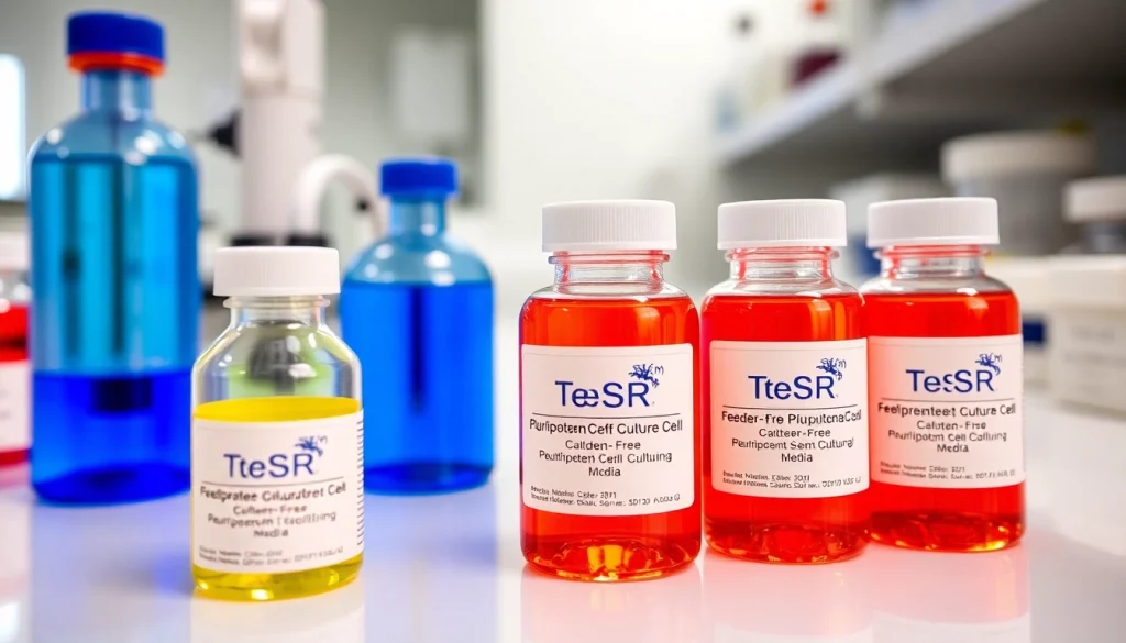 All check vials of TeSR™ feeder-free pluripotent stem cell media in a sterile lab setup.