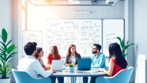 Engaging entrepreneurs collaborating on Magnetic Marketing strategies in a modern office setting.