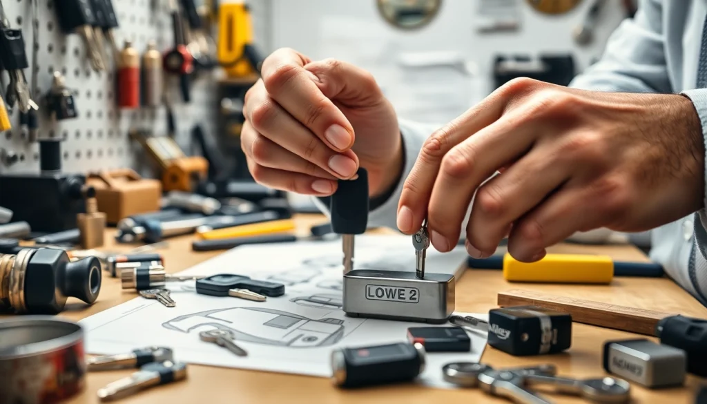 Locksmith working on lost car keys in a bright workshop, showcasing key-making expertise.