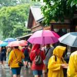 Enjoying Monsoon preparation Phuket with vibrant weather, locals, and rain gear in a bustling street.