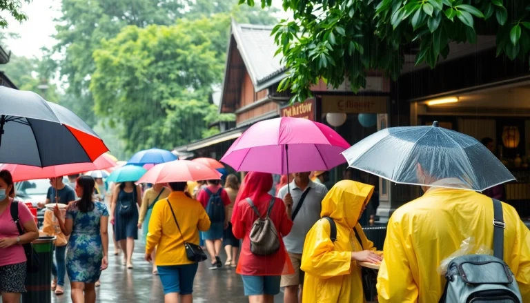 Enjoying Monsoon preparation Phuket with vibrant weather, locals, and rain gear in a bustling street.