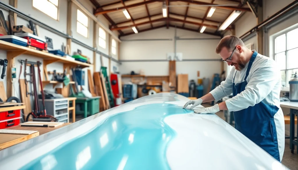Applying laminating resin on fiberglass in a vibrant workshop setting.