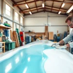 Applying laminating resin on fiberglass in a vibrant workshop setting.