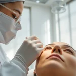 Client undergoing a fox eye thread lift procedure, emphasizing skill and professionalism.