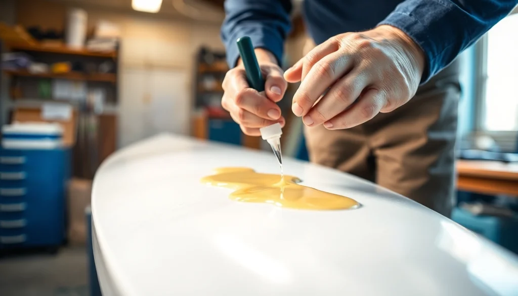 Laminating resin application on fiberglass with technician's hands in a professional workshop setting.