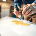 Laminating resin application on fiberglass with technician's hands in a professional workshop setting.