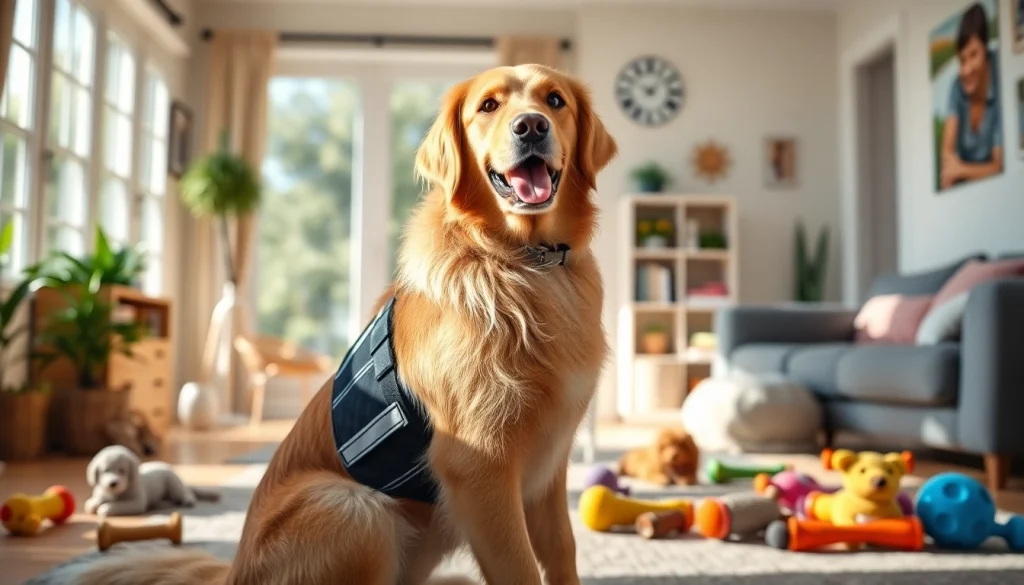 Service dogs for sale featured in a friendly home setting, showcasing a Golden Retriever in training.