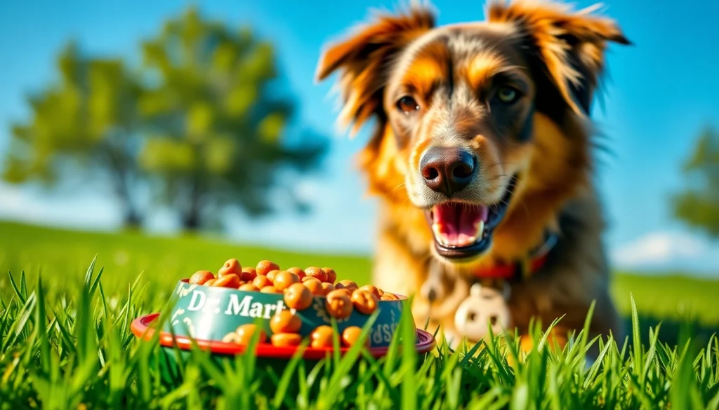 Veteran dog happily eating Dr. Marty pet food Canada in a sunny outdoor setting.
