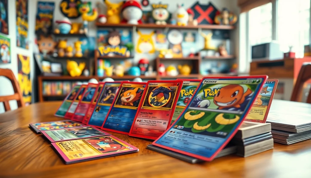 Collectors reviewing real Pokémon cards with vibrant colors and detailed designs.