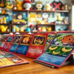 Collectors reviewing real Pokémon cards with vibrant colors and detailed designs.