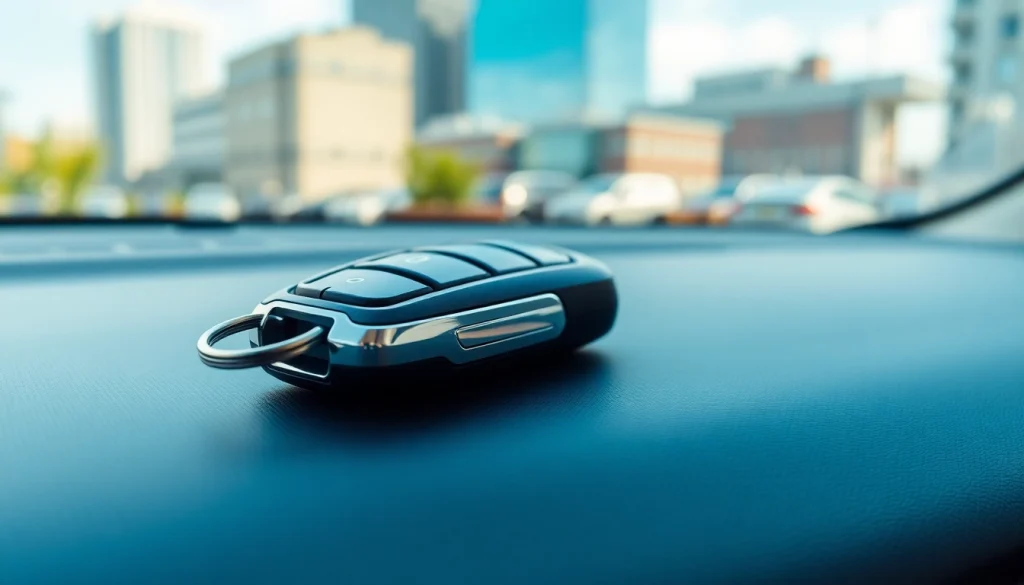 Showcasing Keyless Carkeys on a car dashboard with modern design and urban backdrop.