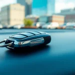 Showcasing Keyless Carkeys on a car dashboard with modern design and urban backdrop.