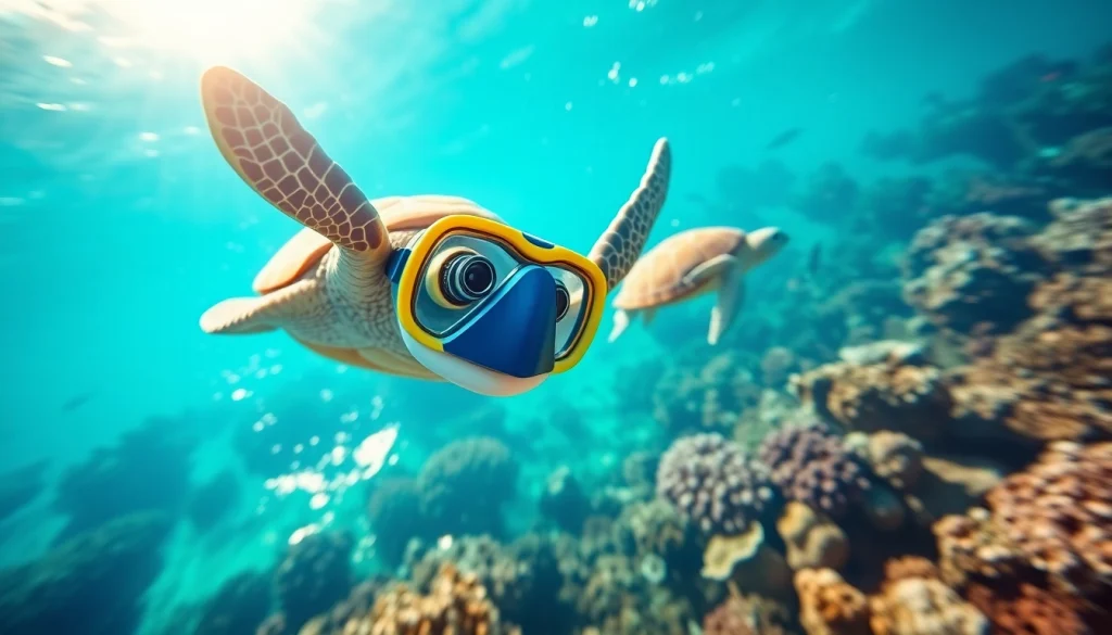 View a vibrant turtle snorkel next to a swimming sea turtle in crystal-clear waters.