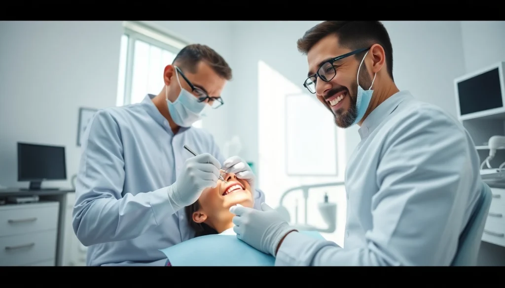 Highlighting checkups by showcasing a dentist engaging with a patient in a clean clinic.