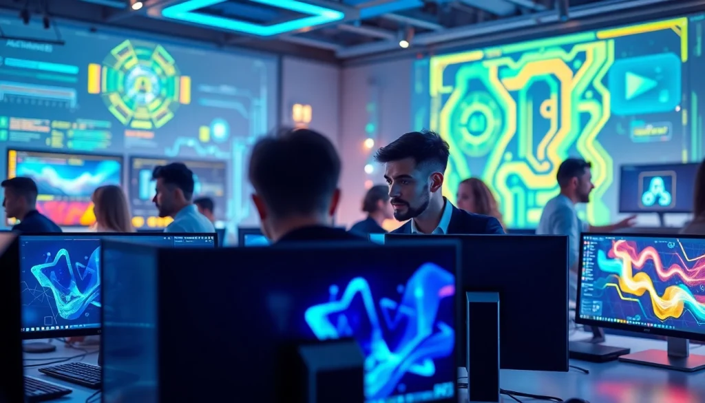 Developers coding an innovative api for midjourney in a vibrant digital workspace.