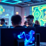 Developers coding an innovative api for midjourney in a vibrant digital workspace.