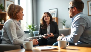 Relationship coach guiding a couple through conversation in a warm office environment.