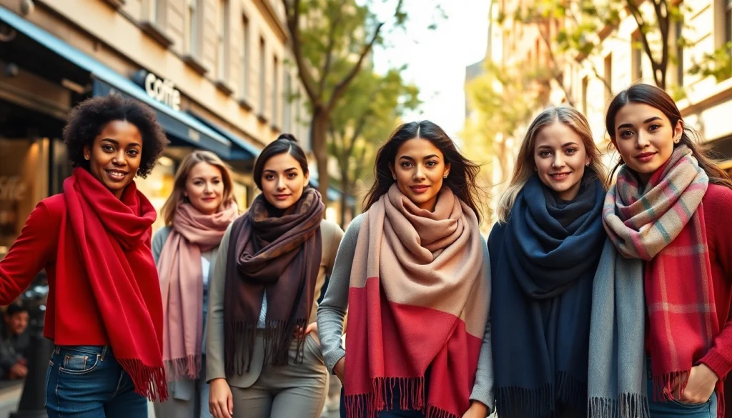 Stylish women displaying various scarves for women in a vibrant urban setting.