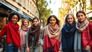 Stylish women displaying various scarves for women in a vibrant urban setting.