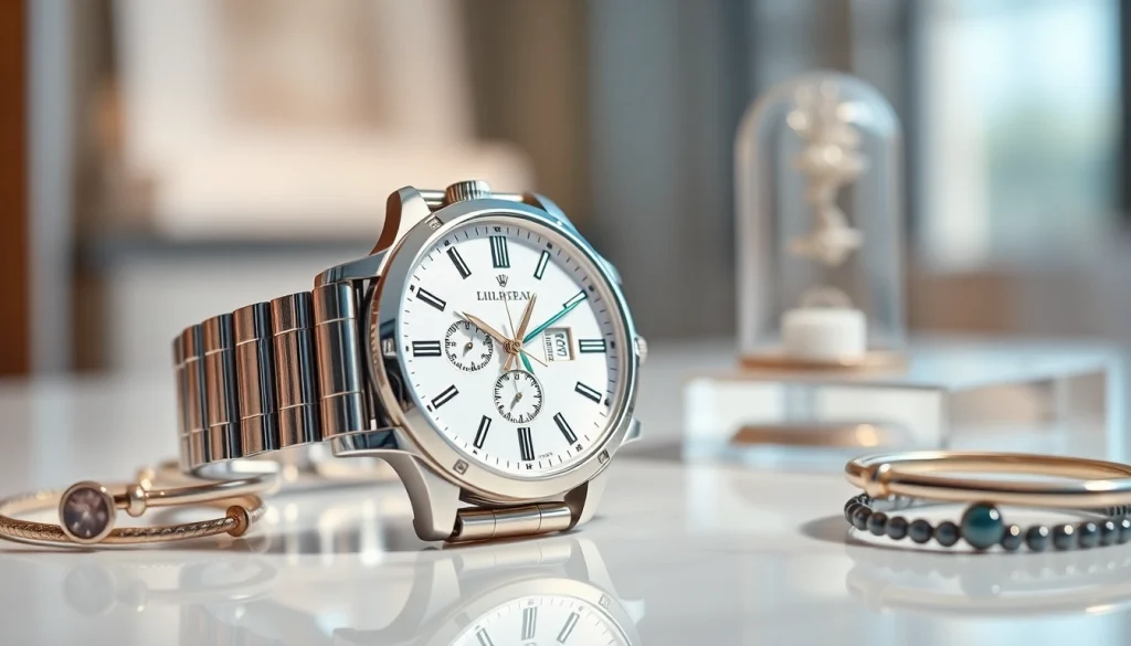 Stilvolle Damen Armbanduhr in elegantem Design und metallischer Optik präsentieren.