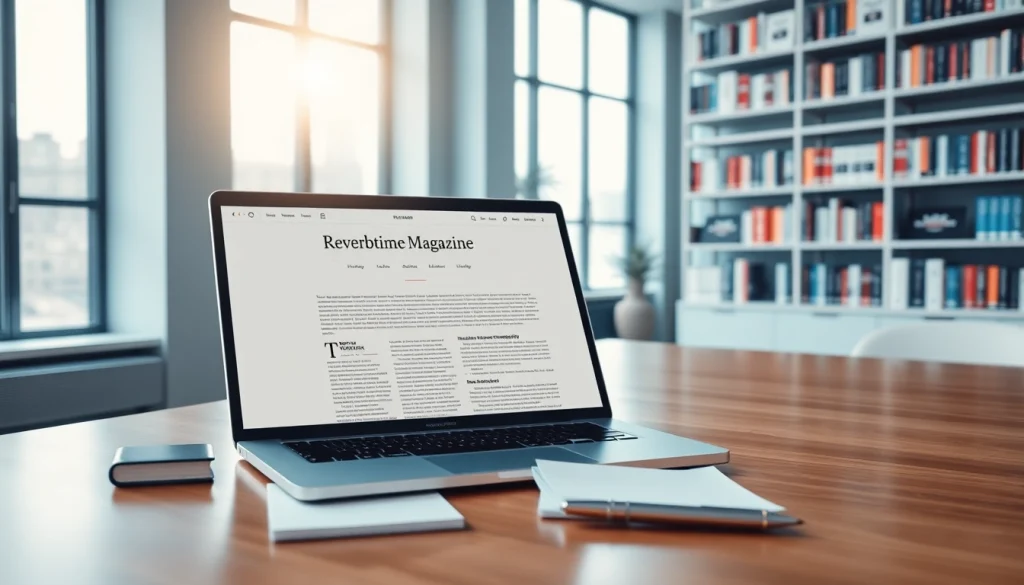 Engaging Reverbtime Magazine display in a modern office setting with natural light, laptop and notepad featured.