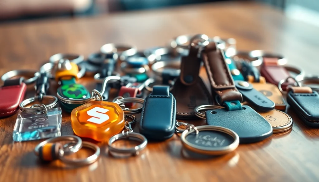 Personalized customized keychain showcasing unique designs and materials on a wooden surface.