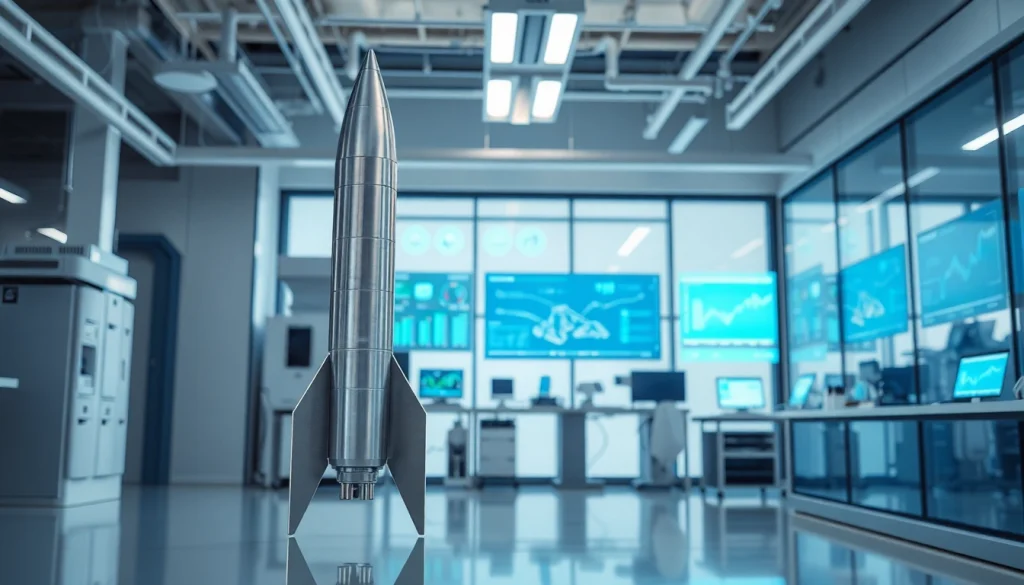 Dynamic scene of a modern lab showcasing the Revenue Rocket Lab rocket prototype amidst advanced technology.