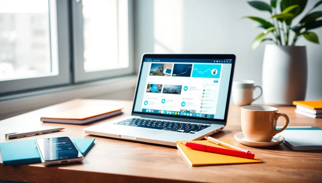 Illustration of a professional workspace for social media and blog automation with a laptop and vibrant stationery.