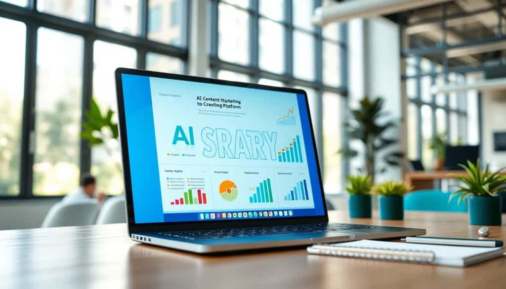 Showcasing the AI content marketing platform in a modern workspace with growth insights.