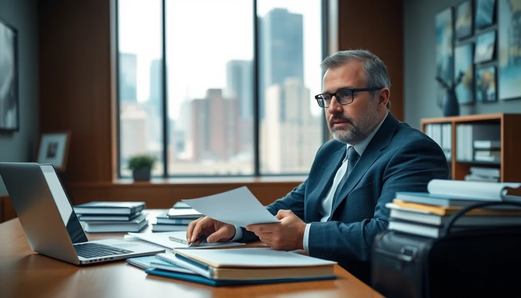 Eminent domain lawyer reviewing case files in a modern office with a city view.