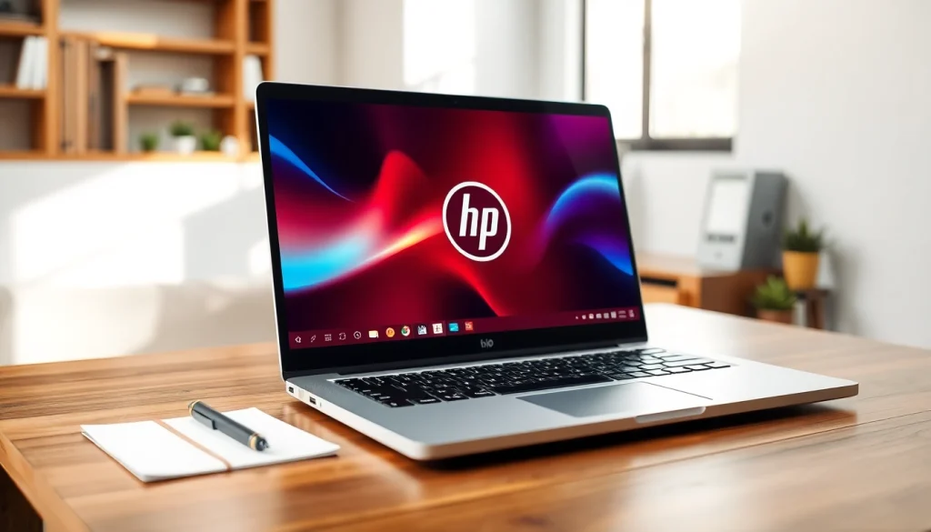 Showcasing an HP Laptop in a professional workspace with natural lighting.