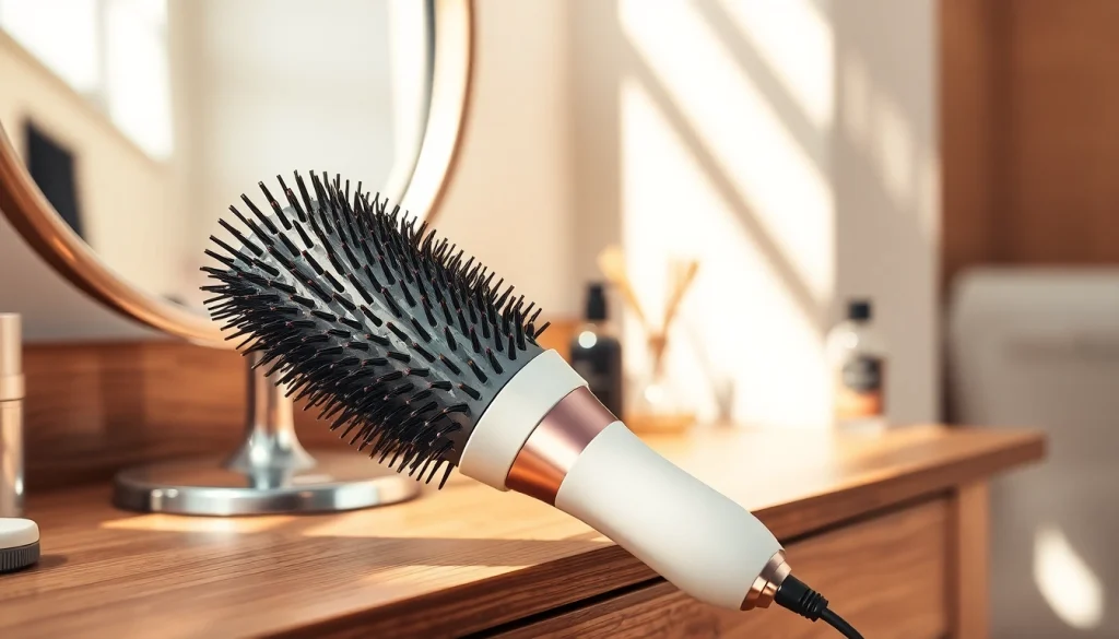 Styling with the Hair Dryer Brush 7 in 1 showcasing its elegant design on a wooden vanity.