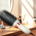 Styling with the Hair Dryer Brush 7 in 1 showcasing its elegant design on a wooden vanity.