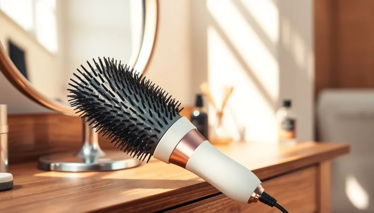 Styling with the Hair Dryer Brush 7 in 1 showcasing its elegant design on a wooden vanity.