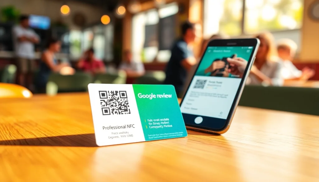 Engaging scene of a reviewcardsgoogle NFC card being scanned in a lively cafe setting