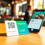 Engaging scene of a reviewcardsgoogle NFC card being scanned in a lively cafe setting