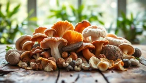 Mushroom Complex featuring a variety of mushrooms arranged on a wooden table.