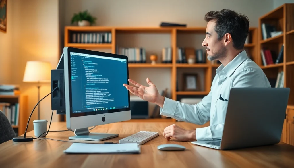 Get expert computer help near me in a professional home office environment with a technician assisting a client.