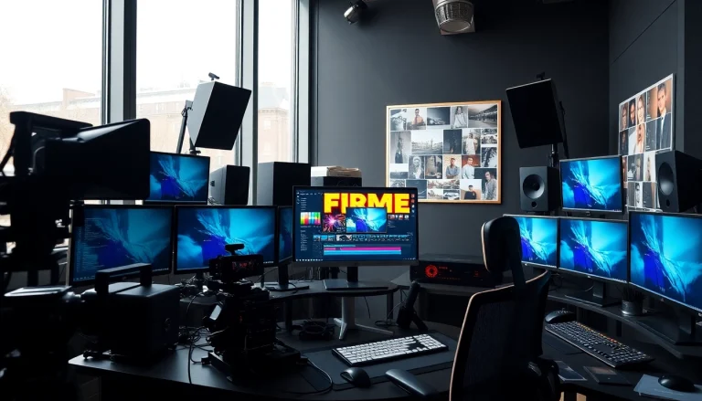 Editing Post Production Toronto in a vibrant video editing studio with professional equipment and colorful screens.