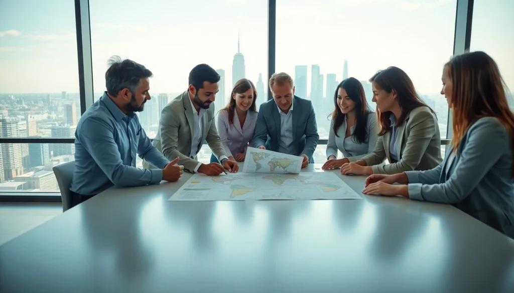 Engaged individuals actively discussing international real estate investing trends in a modern office setting.