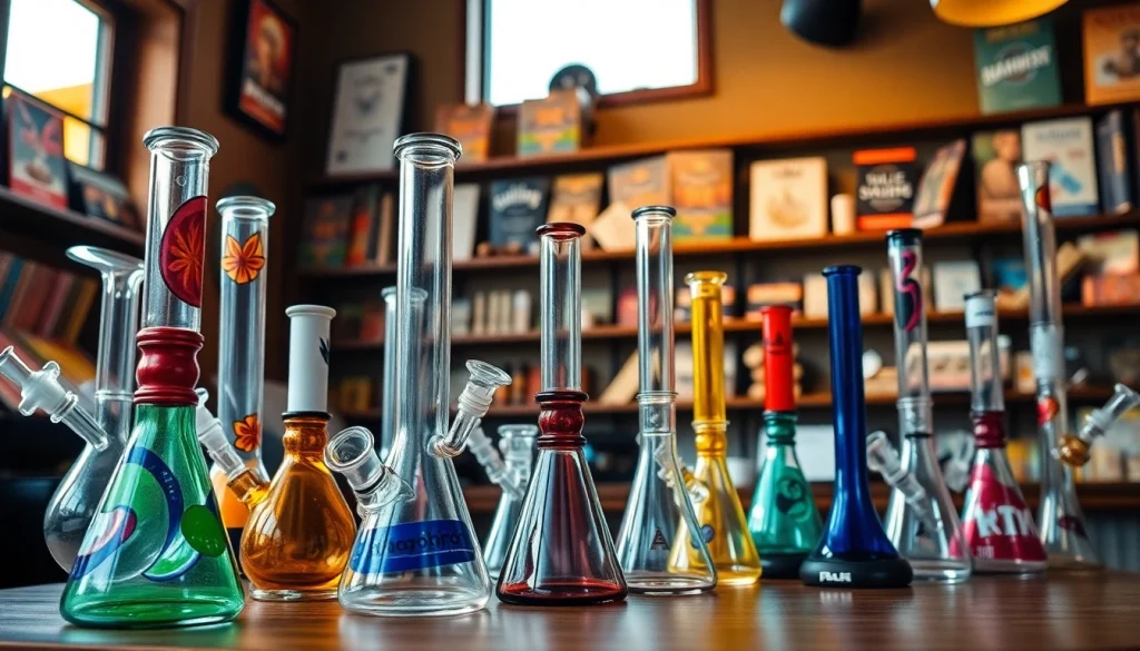 Shop unique bongs for sale showcasing vibrant designs in a cozy smoke shop.