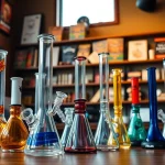 Shop unique bongs for sale showcasing vibrant designs in a cozy smoke shop.