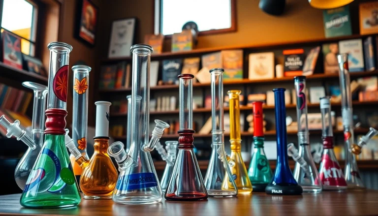 Shop unique bongs for sale showcasing vibrant designs in a cozy smoke shop.