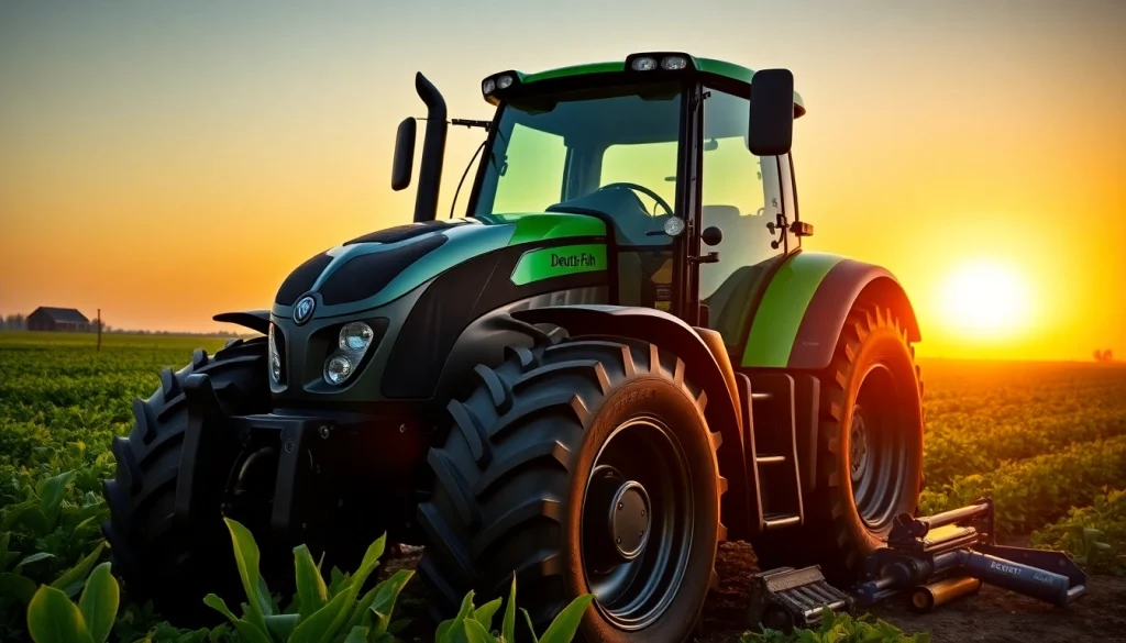 Deutz Fahr Traktor in einem blühenden Feld während des Sonnenuntergangs präsentieren.