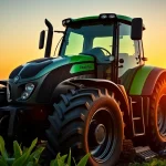 Deutz Fahr Traktor in einem blühenden Feld während des Sonnenuntergangs präsentieren.