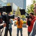 Creating high-quality video production edmonton with a professional film crew in an urban setting.
