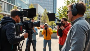 Creating high-quality video production edmonton with a professional film crew in an urban setting.